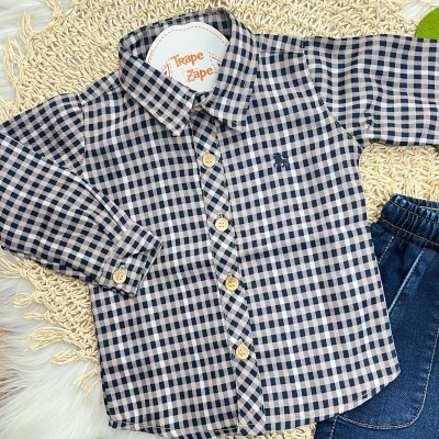 Conj. Camisa Xadrez Manga Longa e Calça Jeans - Bege e Marinho